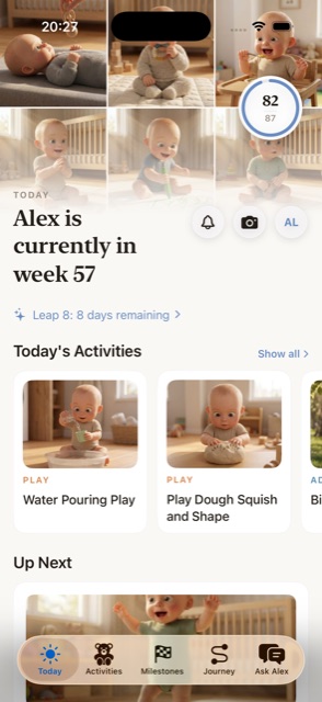 BabyNook Today view with milestones and daily activities
